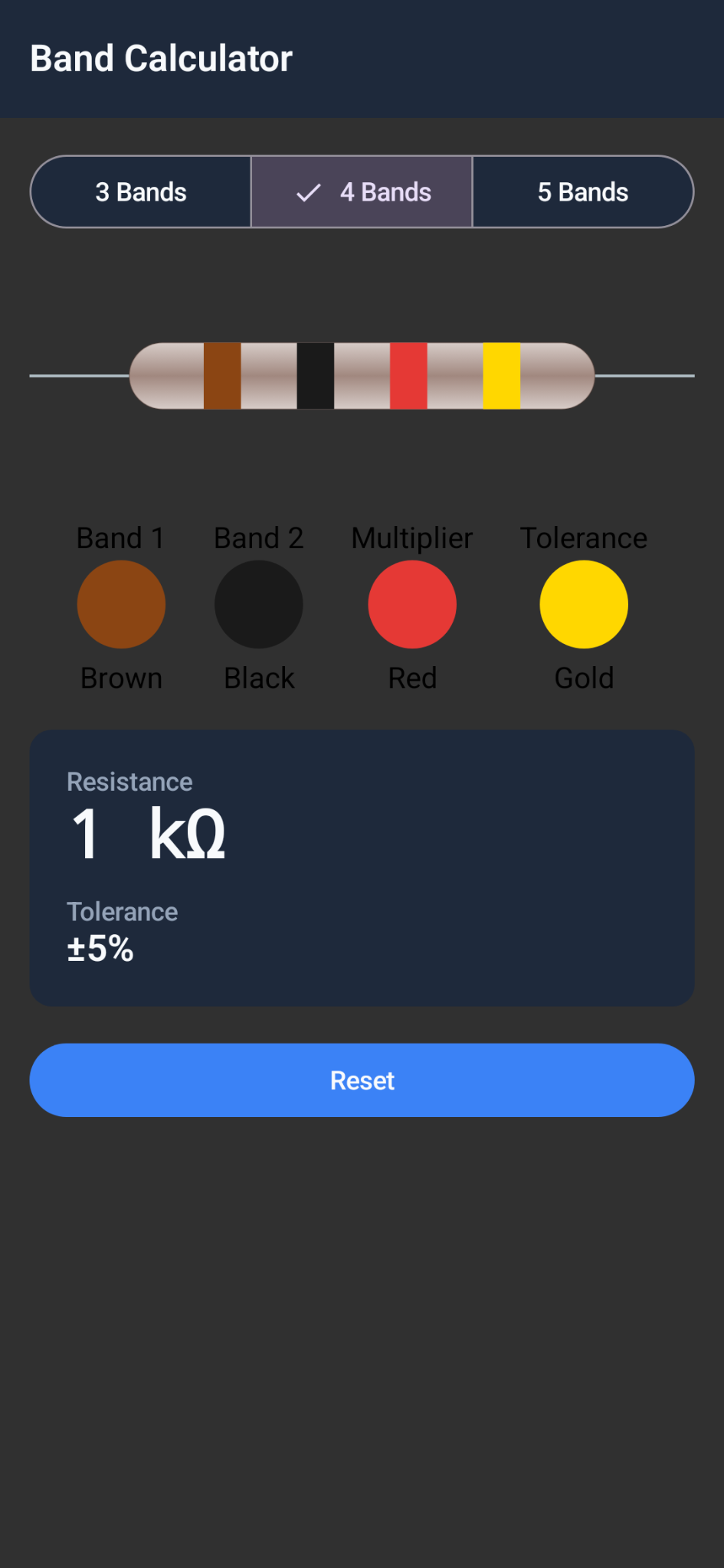 Band Calculator screen